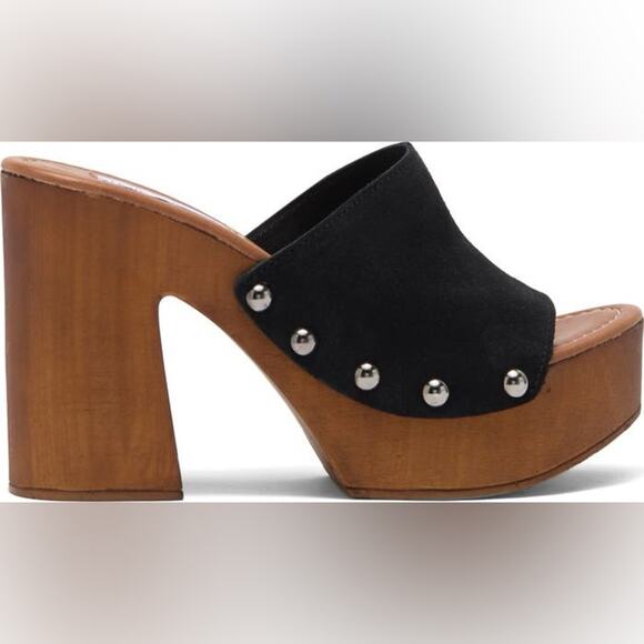 Steve Madden Platform Mule Black Suede Wooden Chunky Sandal Size 9 Retro Boho - Picture 3 of 11